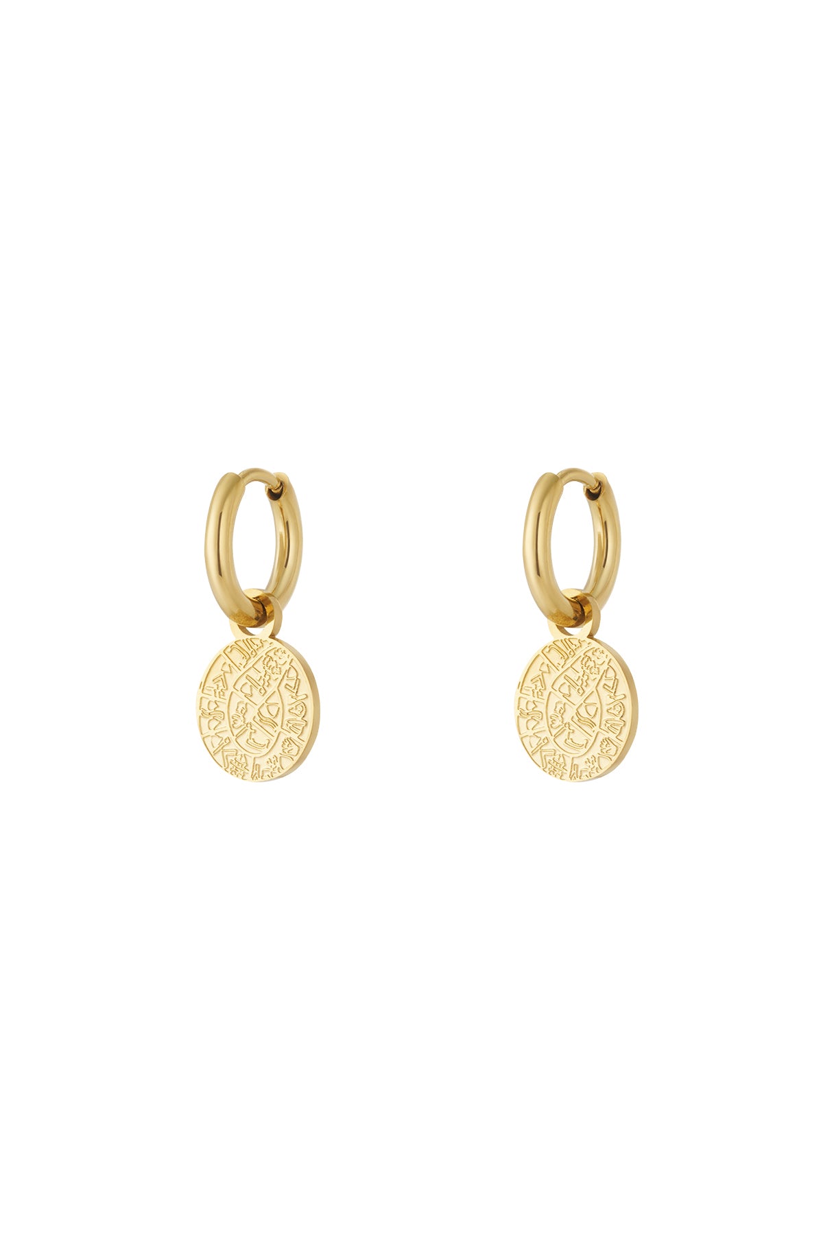 Pair of gold astro charm hoop earrings with engraved round pendants on a white background