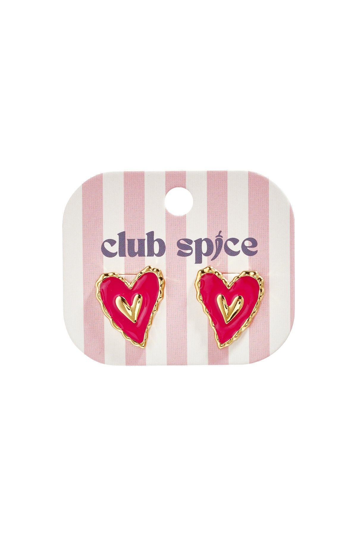 Heart-shaped pink enamel stud earrings with gold-tone borders displayed on striped pink and white card with Club Spice logo
