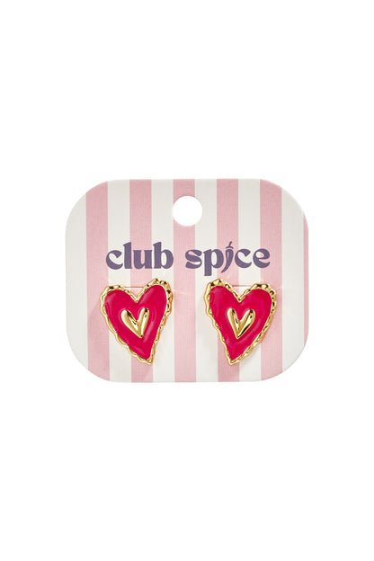 Heart-shaped pink enamel stud earrings with gold-tone borders displayed on striped pink and white card with Club Spice logo
