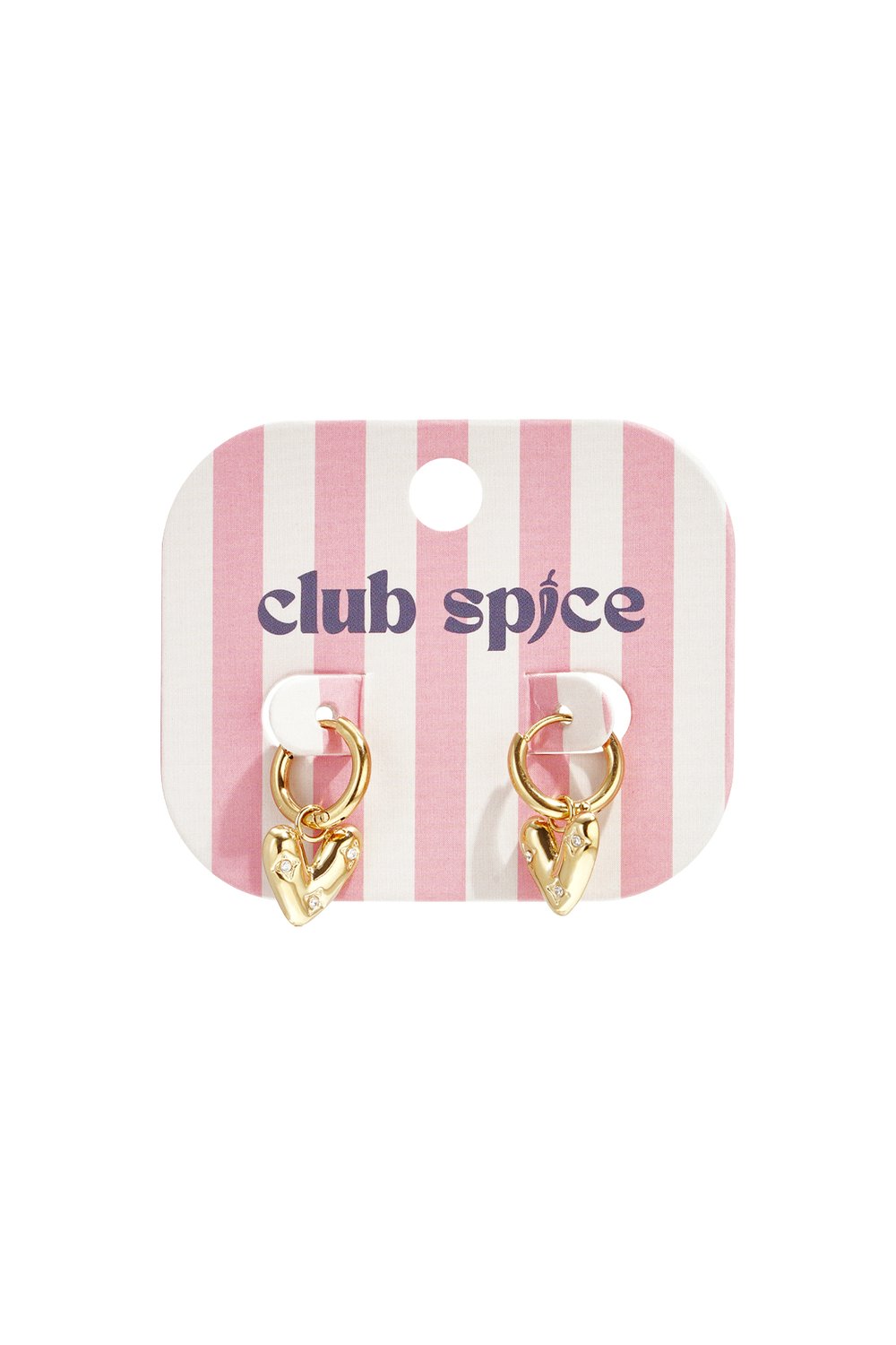Gold-tone hoop earrings with dangling, puffed heart charms featuring small inset crystals on a pink-striped display card.