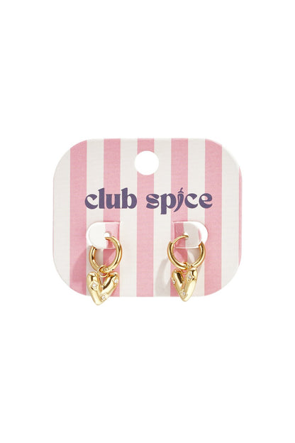 Gold-tone hoop earrings with dangling, puffed heart charms featuring small inset crystals on a pink-striped display card.