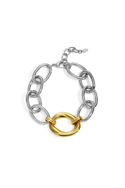 Silver and gold chunky linked chain bracelet laid flat on white background