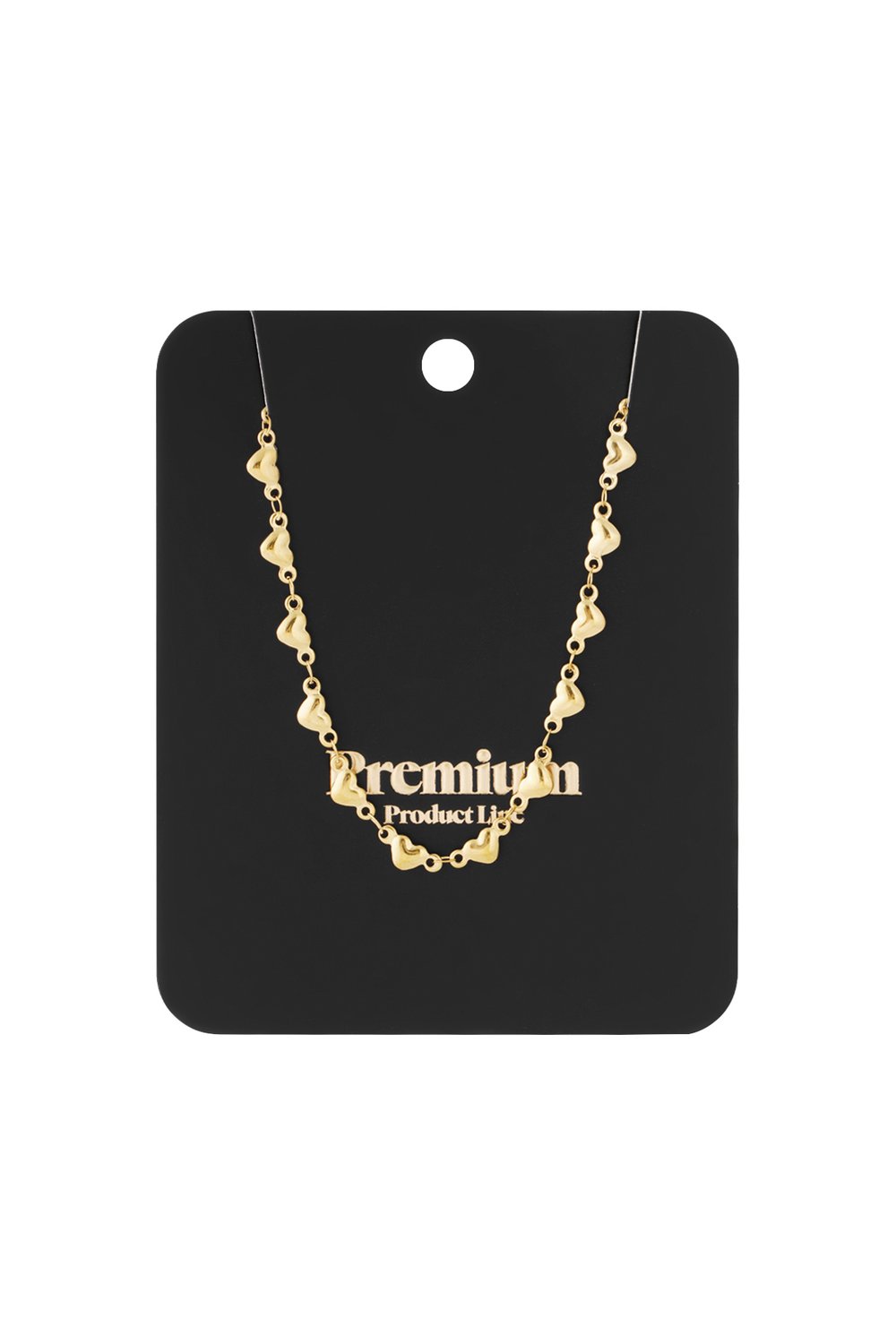 Delicate gold necklace featuring a series of small, polished heart-shaped charms connected by a thin link chain.