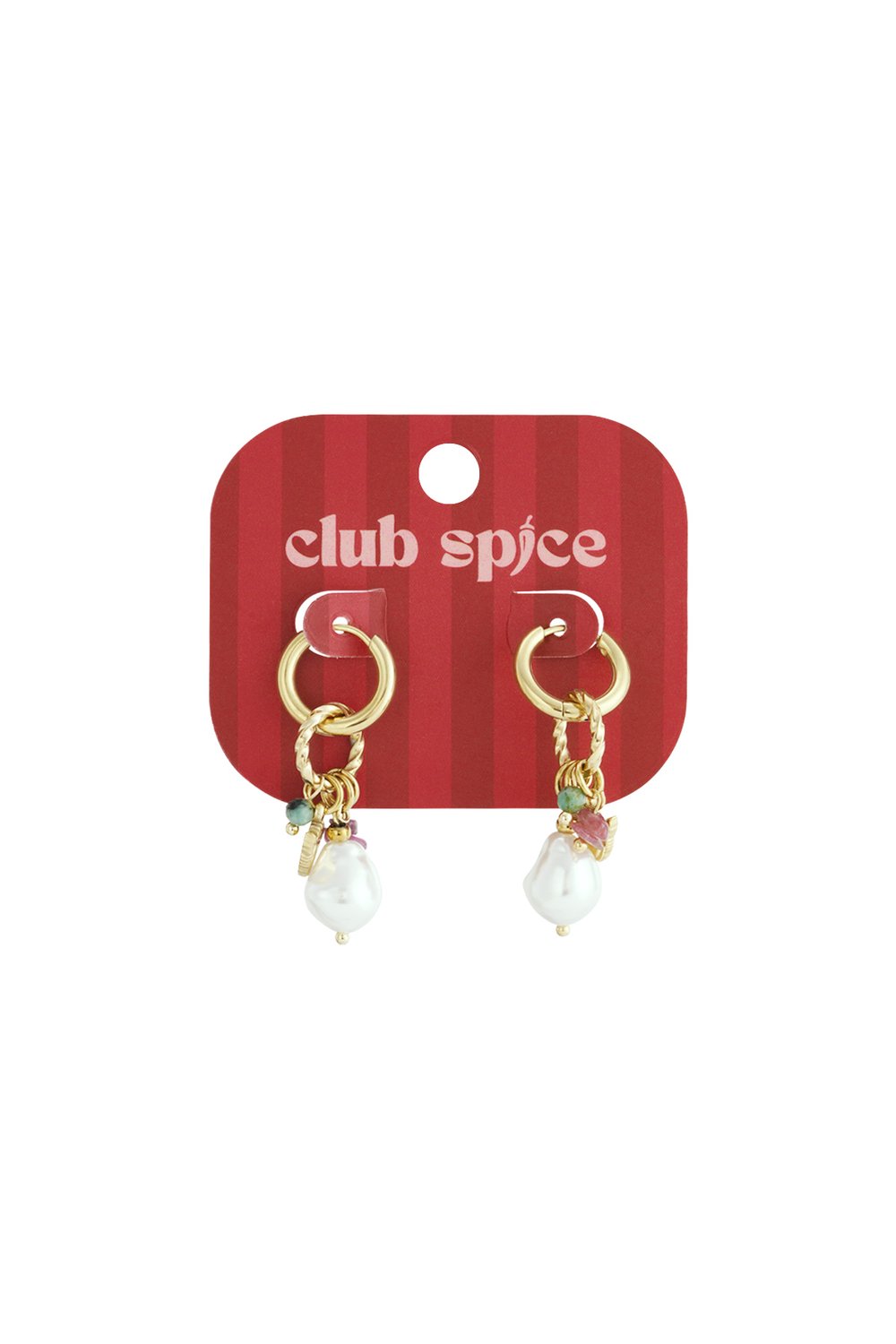 Celestial Drip gold hoop earrings featuring charms, colorful gemstone accents, and baroque pearl drops on a red card.