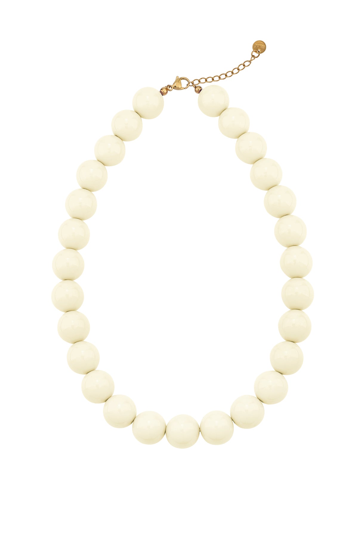 Chunky cream-colored beaded statement necklace with a gold-tone clasp and extender chain against a white background.