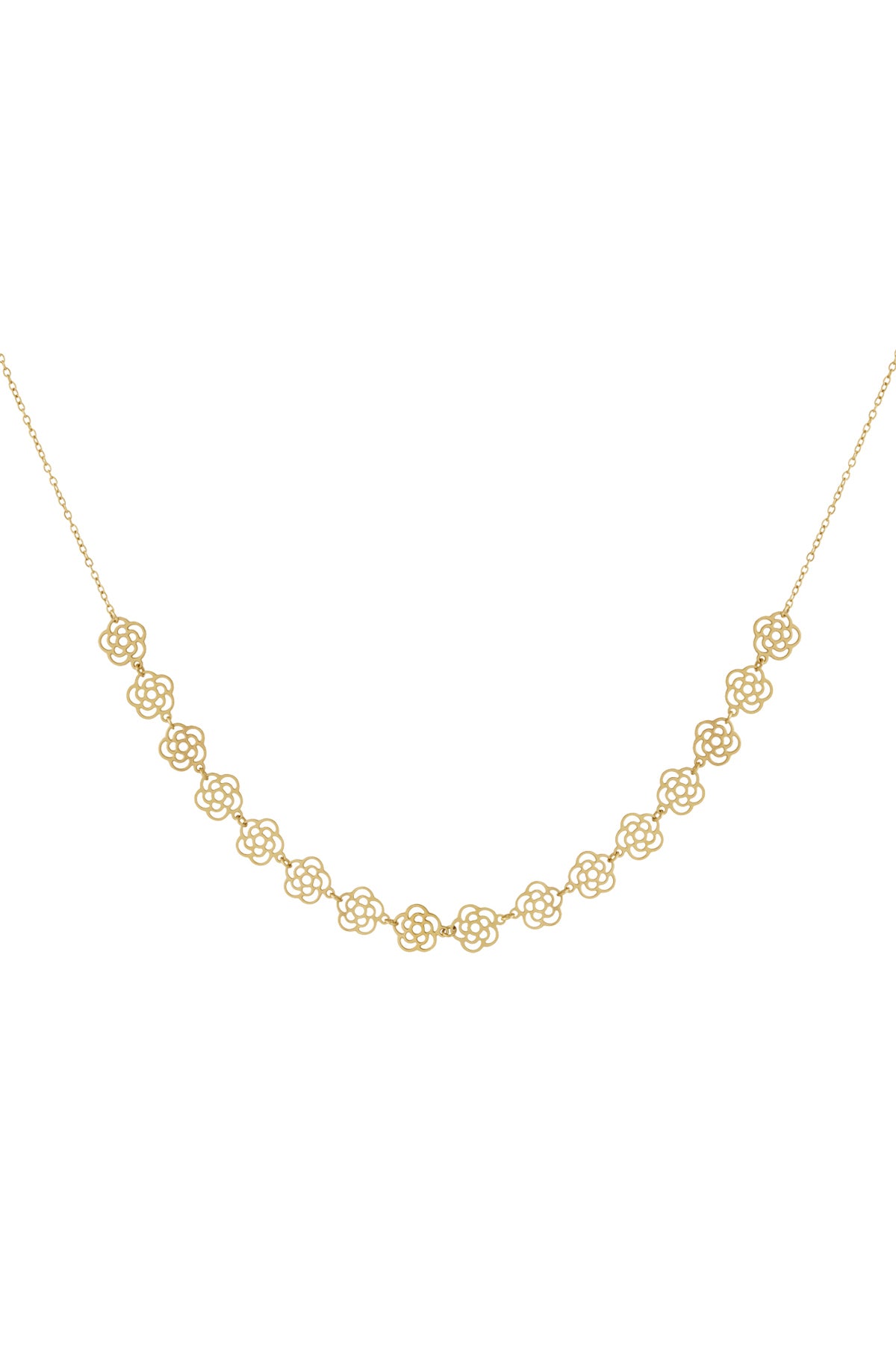 Gold floral chain necklace with small flower cut-out charms laid flat on white background