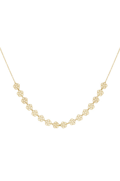 Gold floral chain necklace with small flower cut-out charms laid flat on white background