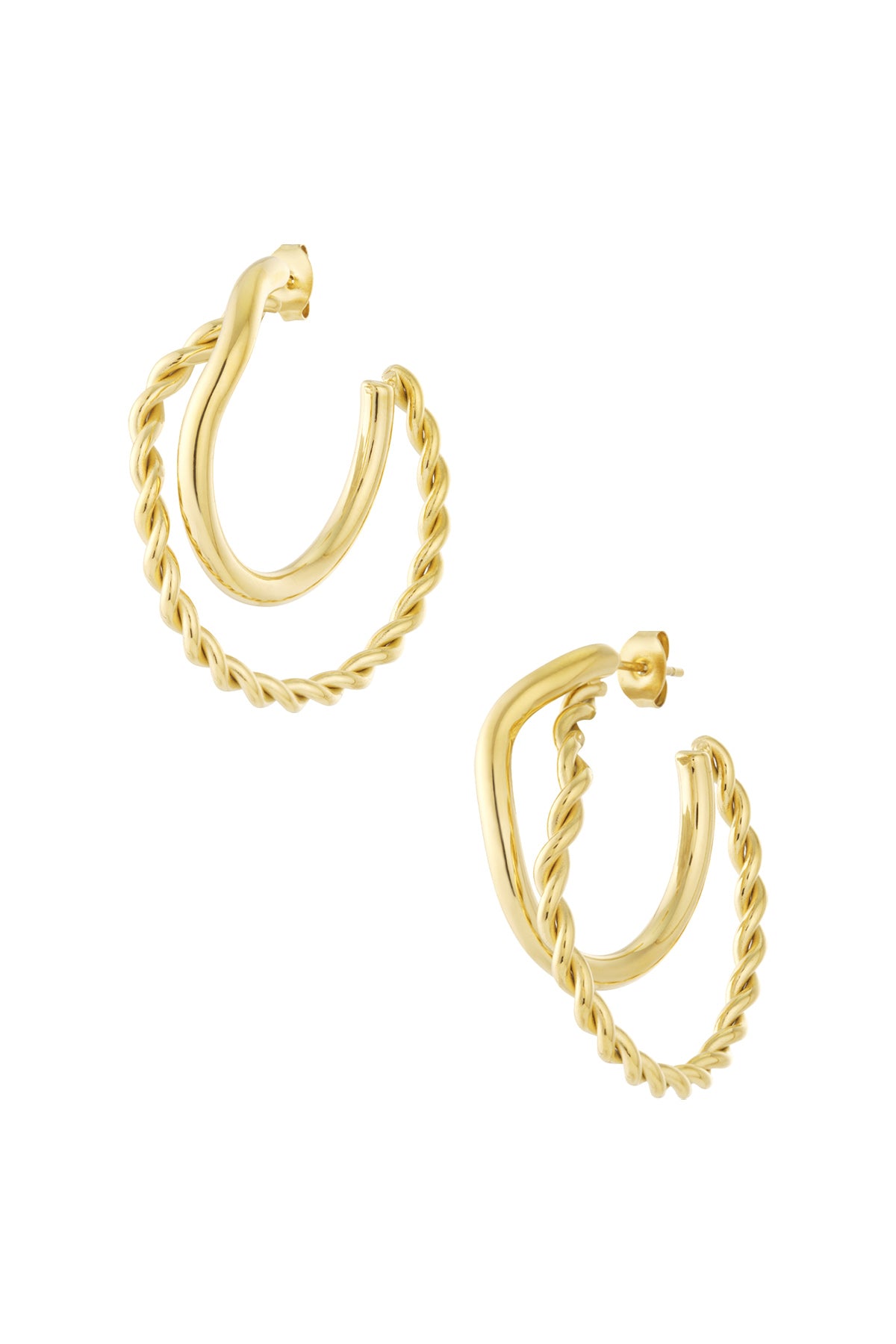 Pair of gold hoop earrings featuring one smooth and one twisted braided hoop, studio white background