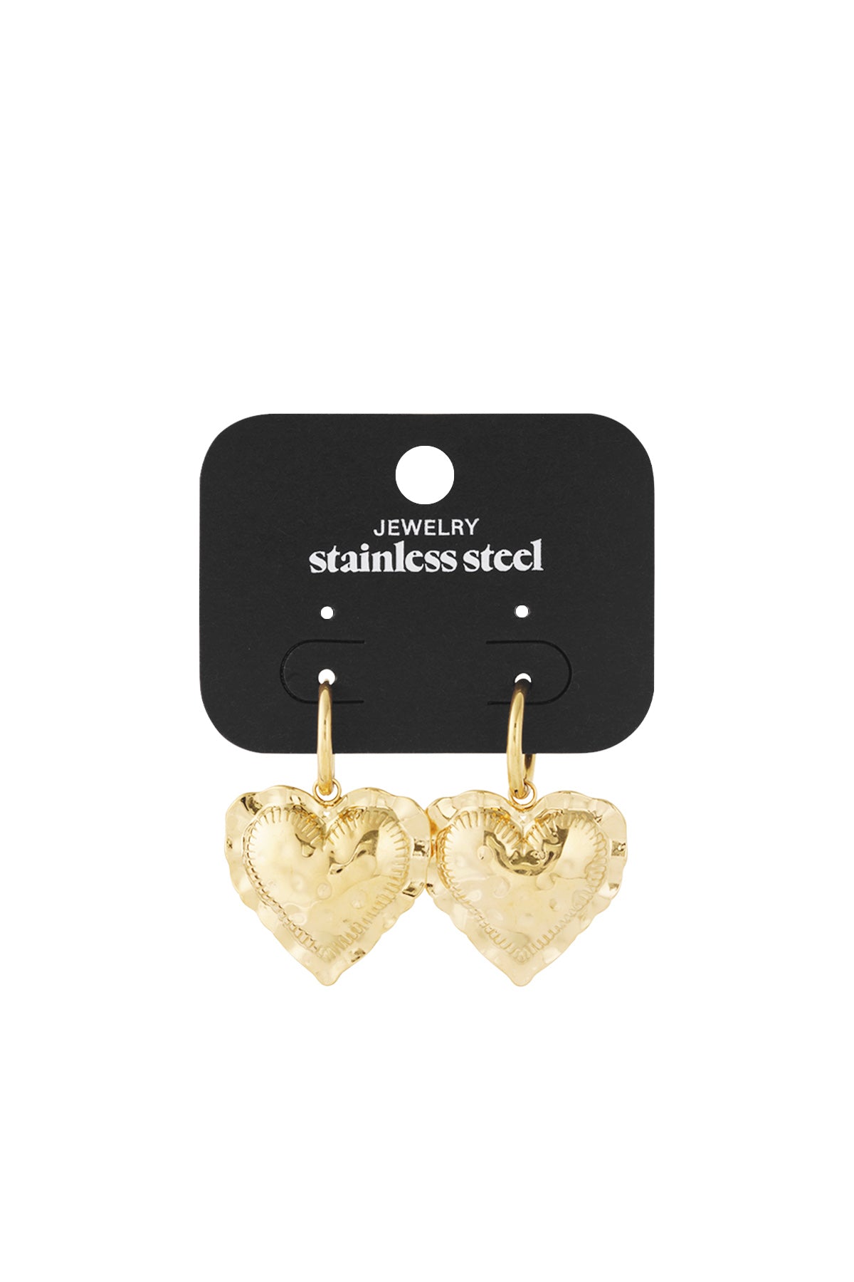 Gold stainless steel Heart Loop Drop earrings featuring a textured, scalloped-edge heart charm on a simple hoop.
