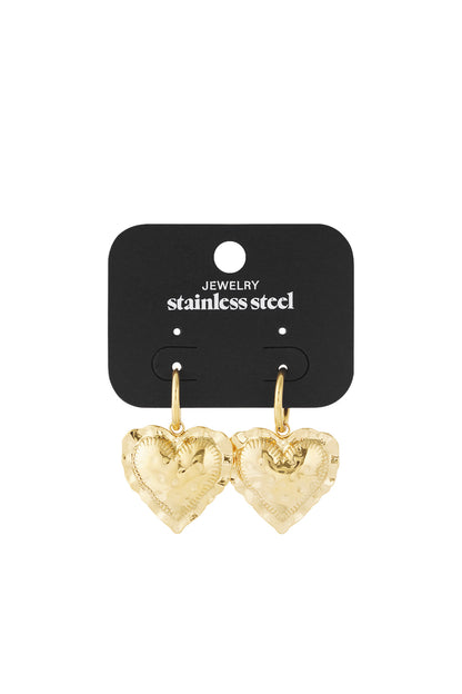 Gold stainless steel Heart Loop Drop earrings featuring a textured, scalloped-edge heart charm on a simple hoop.