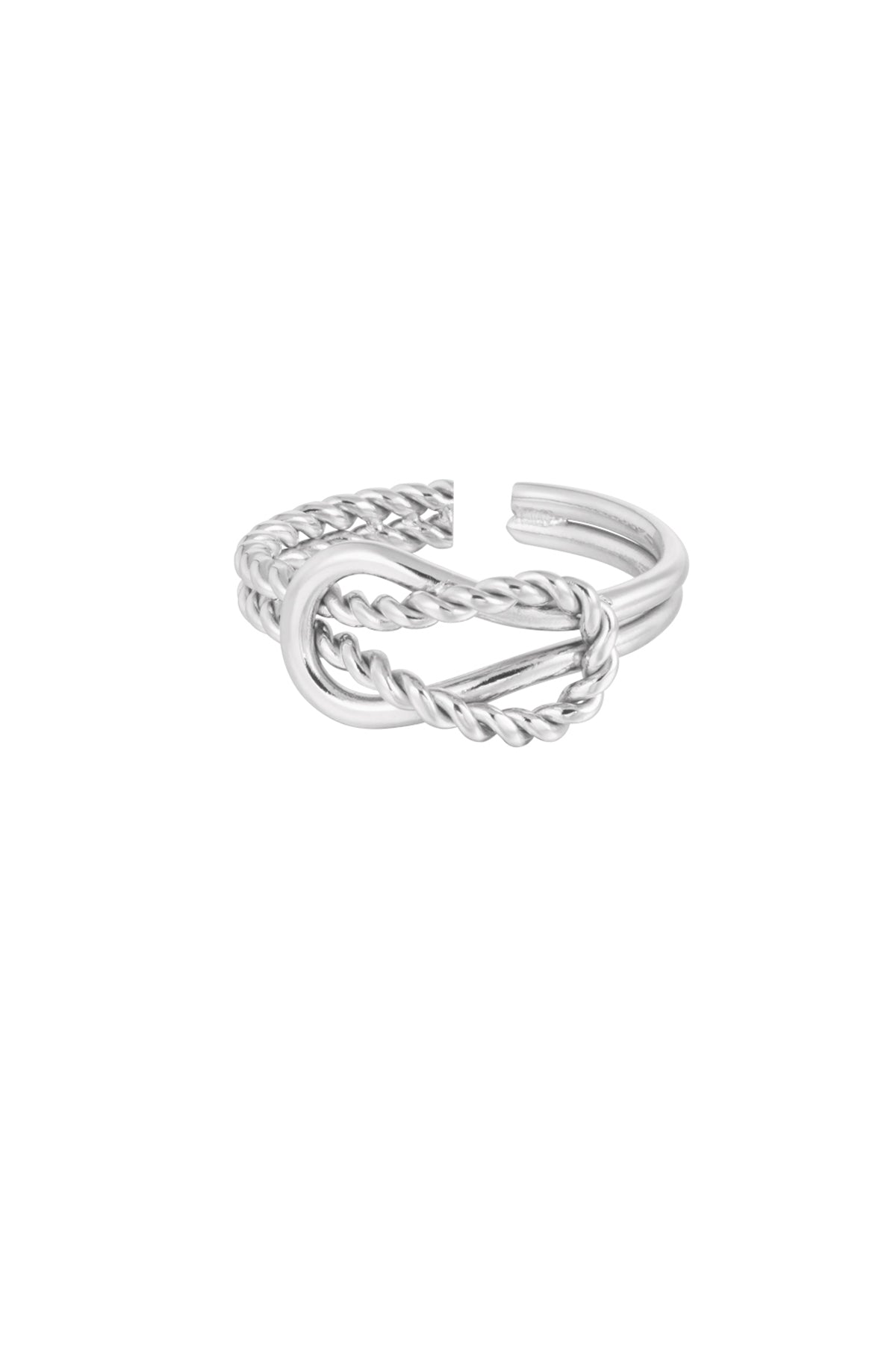 Silver twisted knot open adjustable ring with rope style texture