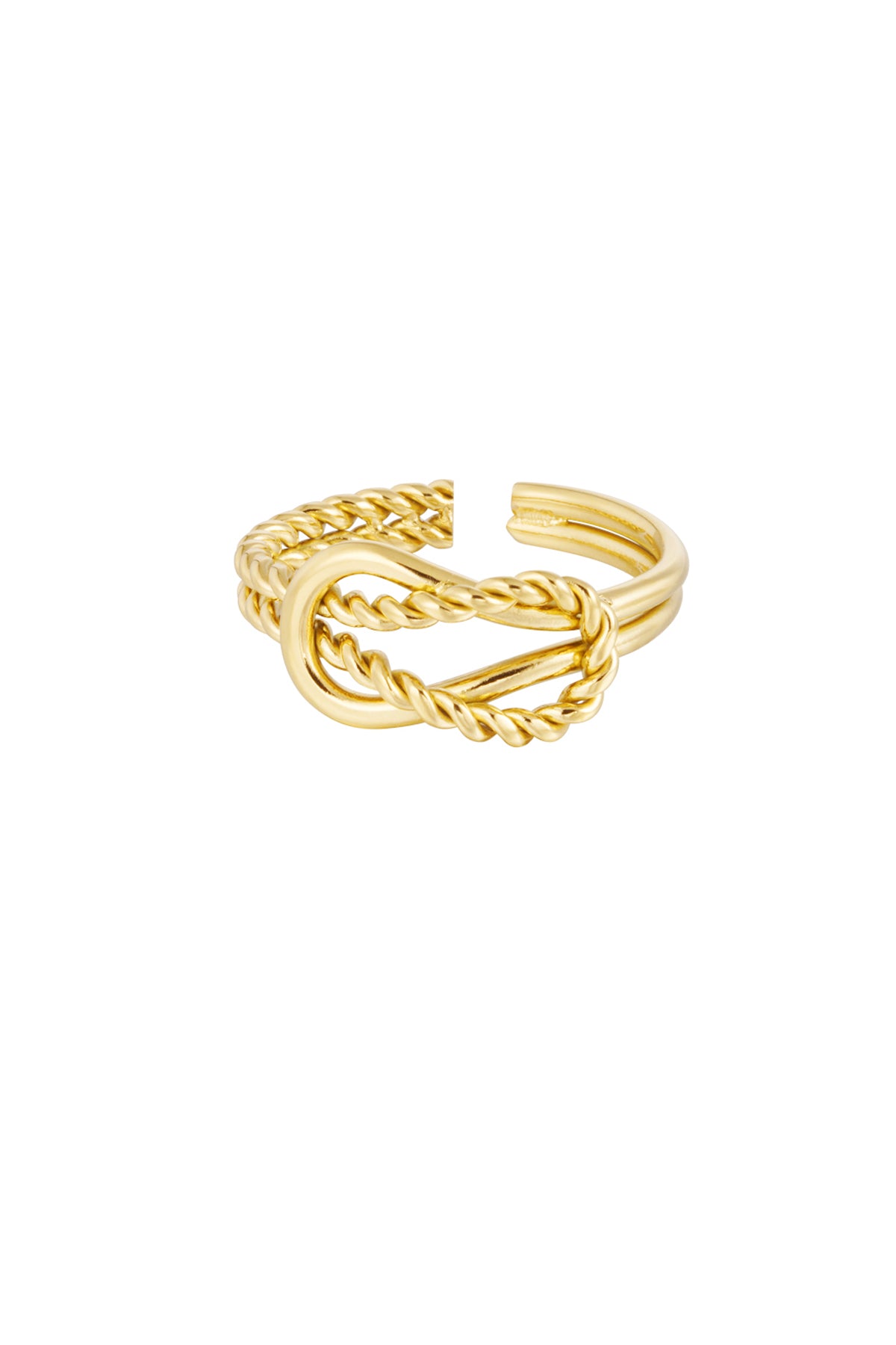 Gold twisted knot open adjustable ring with rope style texture