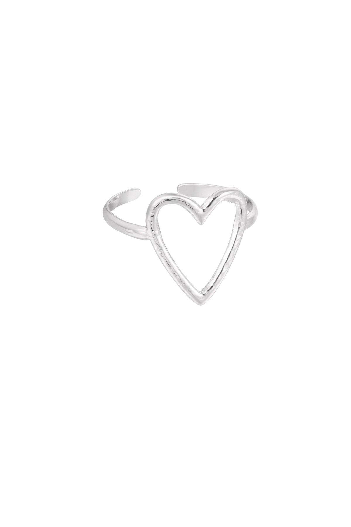 Silver open heart outline adjustable ring on white background