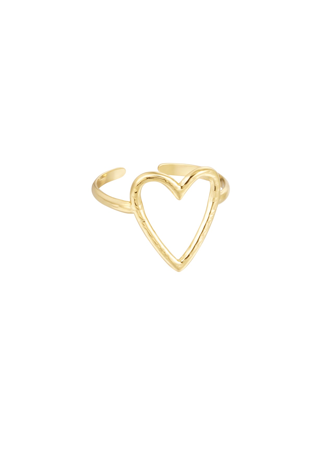 Gold open heart outline adjustable ring on white background