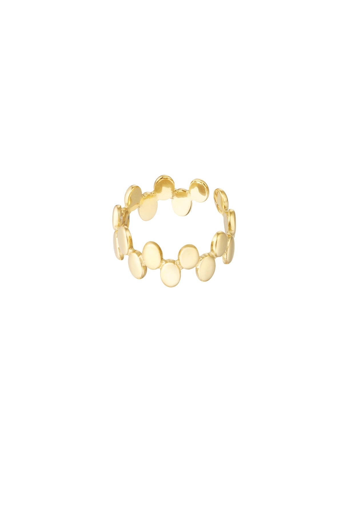 Close-up of a gold open band ring with linked smooth disc shapes against a white background