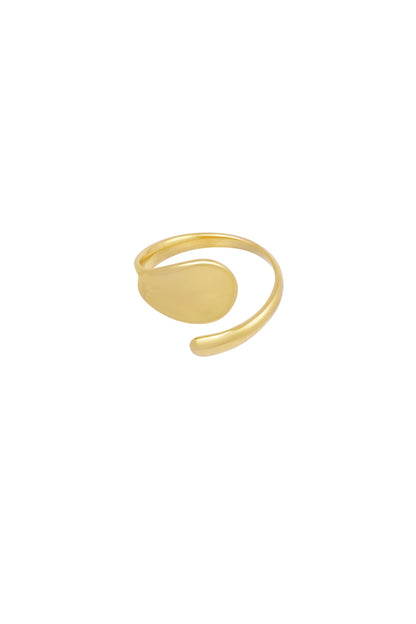 Close-up image of a smooth gold minimalist ring with an irregular teardrop design on a white background