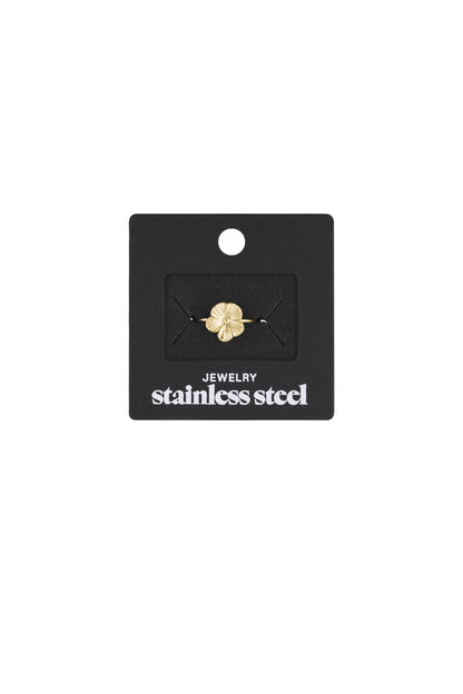 Gold flower ring displayed on a black card holder labeled stainless steel jewelry
