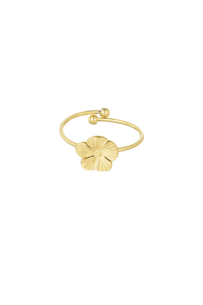 Gold-tone stainless steel adjustable ring featuring a single sculpted flower centerpiece on a white background