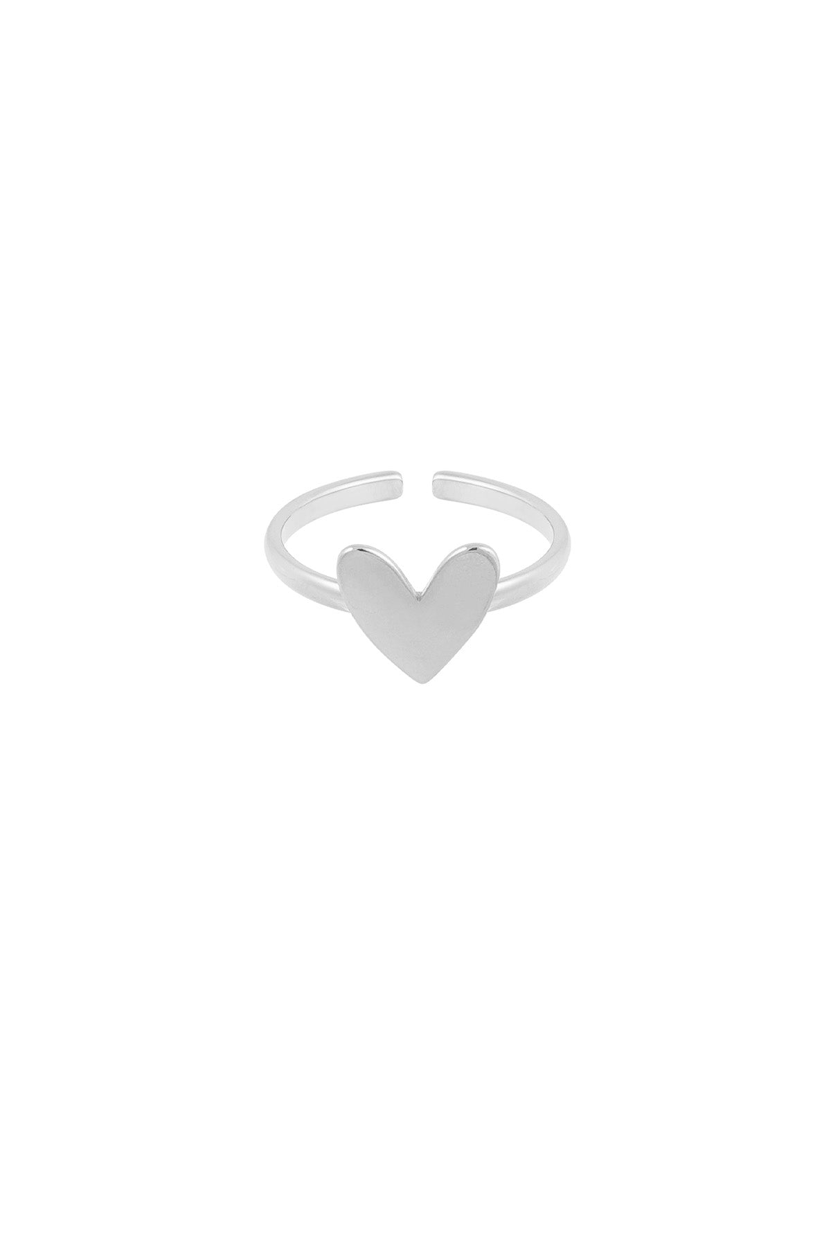 Silver-tone minimalist adjustable ring with smooth heart centerpiece on white background