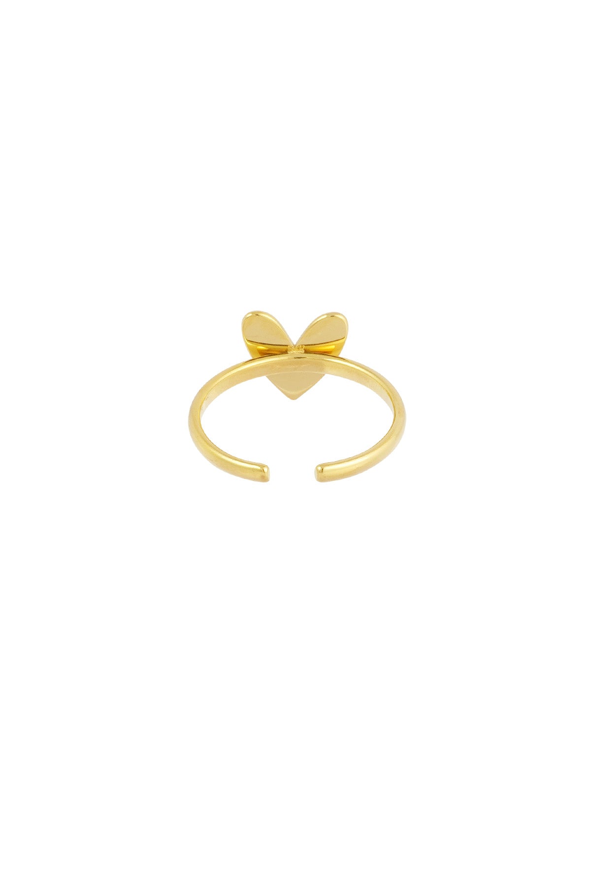 Back view of gold-tone adjustable heart ring showing open-ended band