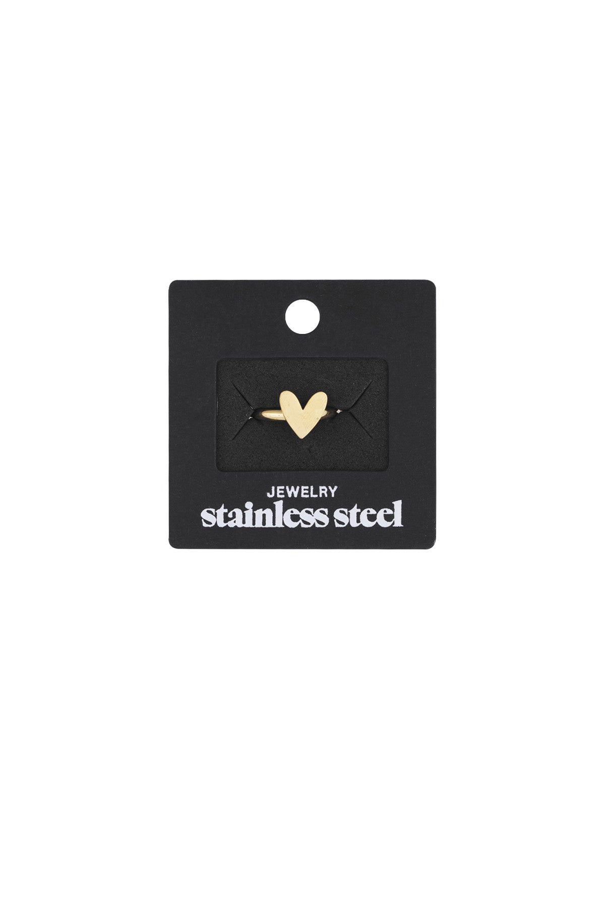 Packaging black card displaying gold-tone heart ring with stainless steel text