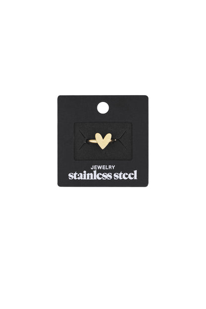 Packaging black card displaying gold-tone heart ring with stainless steel text