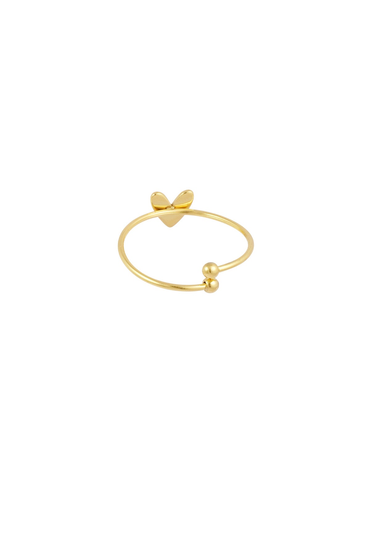 Reverse view of the adjustable gold heart ring showing open band and rounded ends