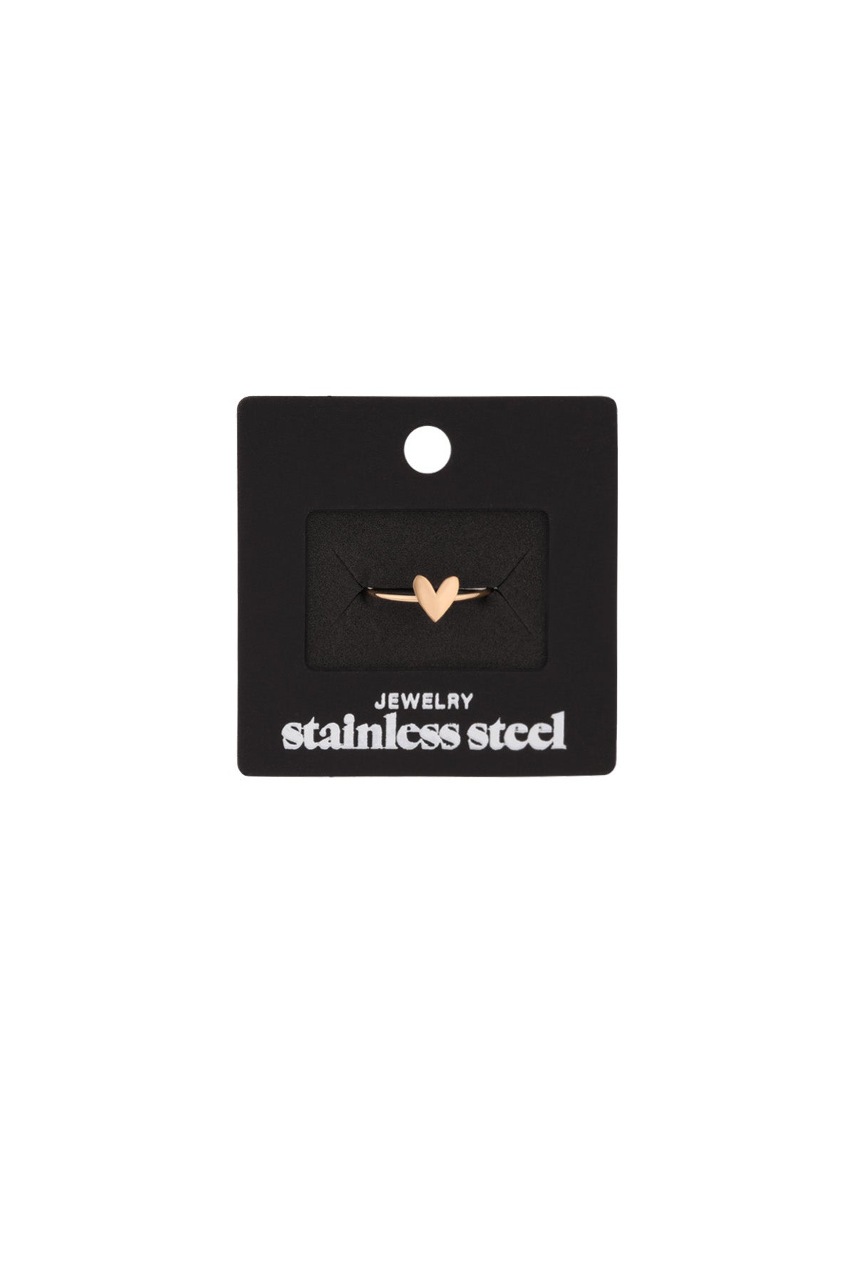 Gold heart minimalist ring displayed on black jewelry packaging card labeled stainless steel