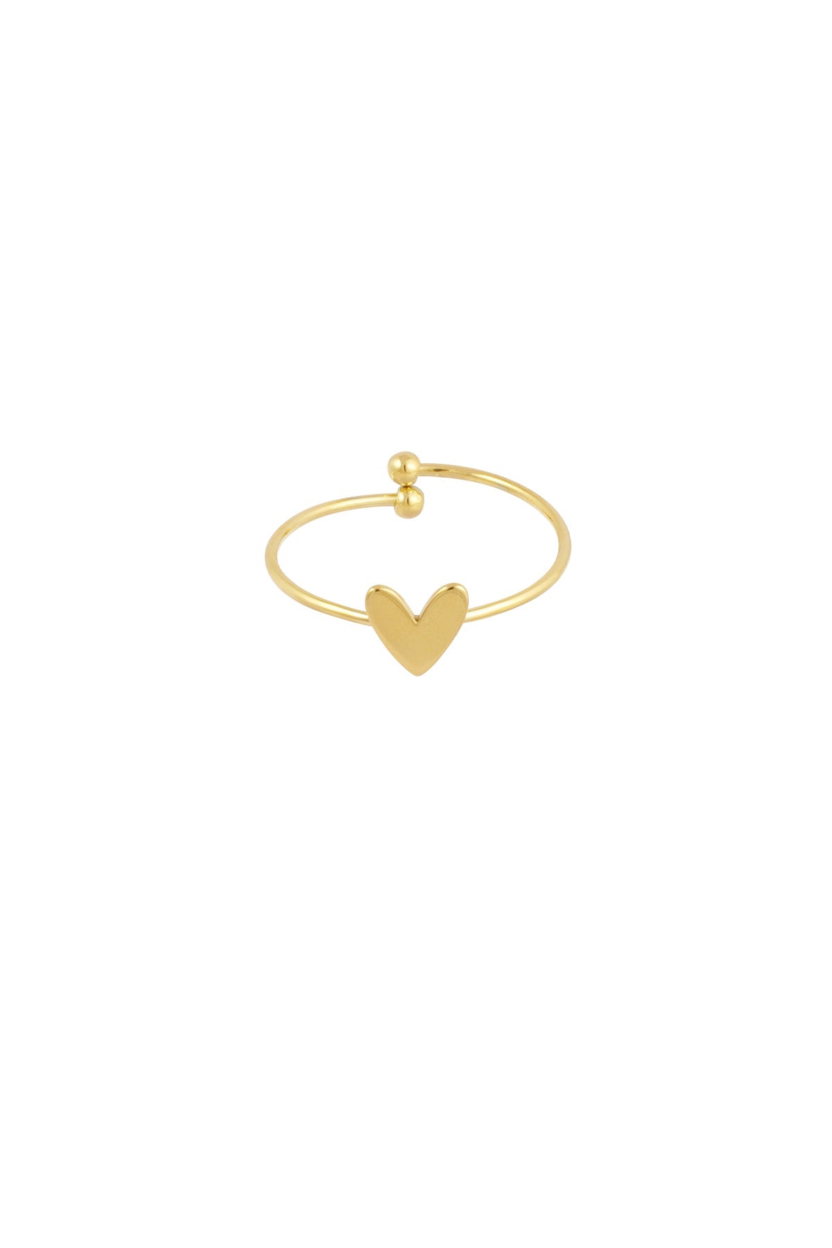 Close-up of delicate gold-tone minimalist open ring with heart charm on white background