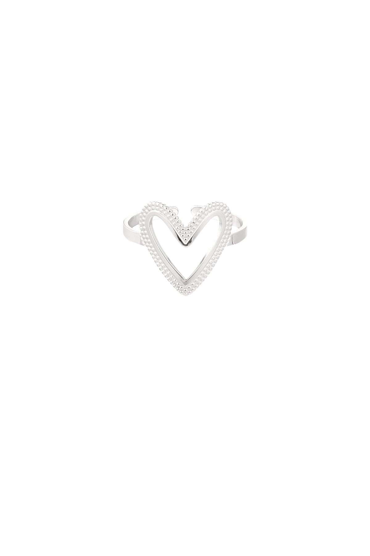 Silver-toned heart-shaped ring with textured beading shown against white background
