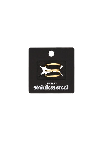 Gold three-layer ring displayed on black stainless steel jewelry card