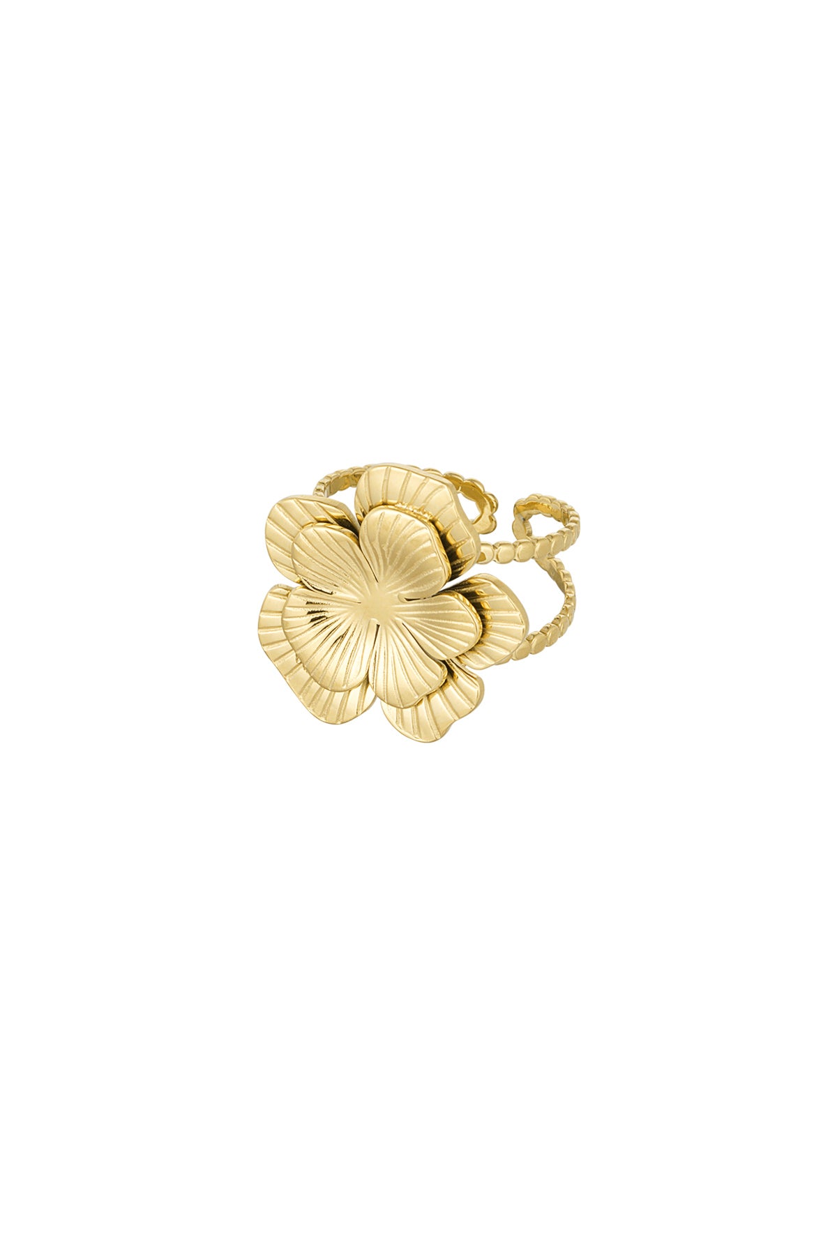 Gold adjustable ring with a large sculpted flower design featuring textured petals on a white background