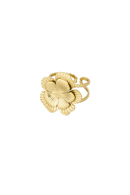Gold adjustable ring with a large sculpted flower design featuring textured petals on a white background