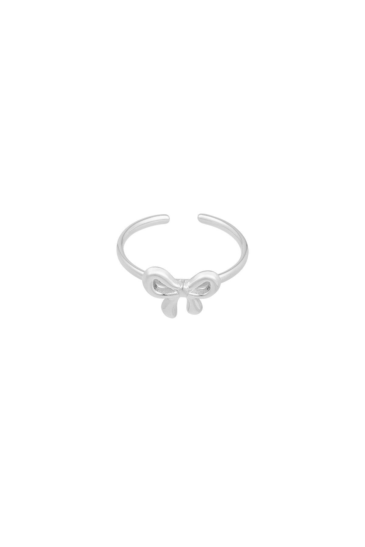 Silver minimalist open bow ring on white background