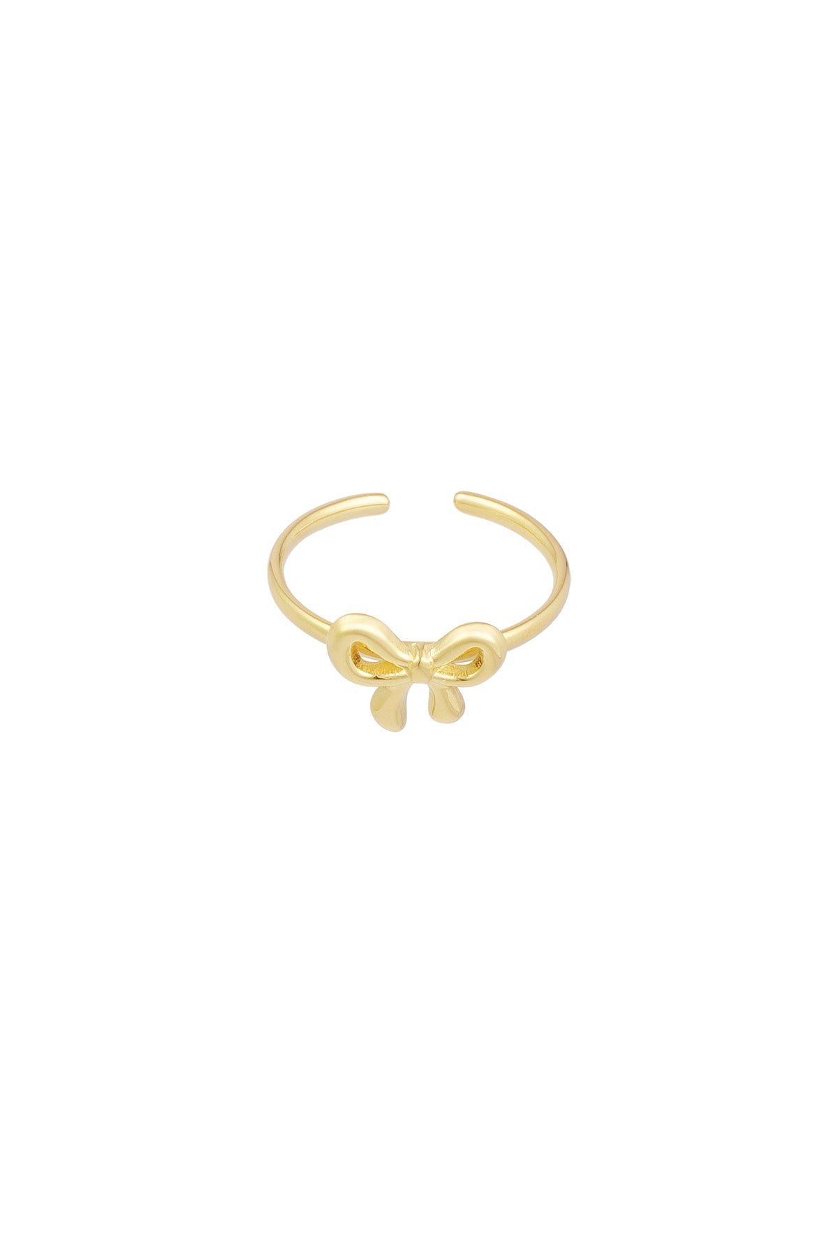 Gold minimalist open bow ring on white background