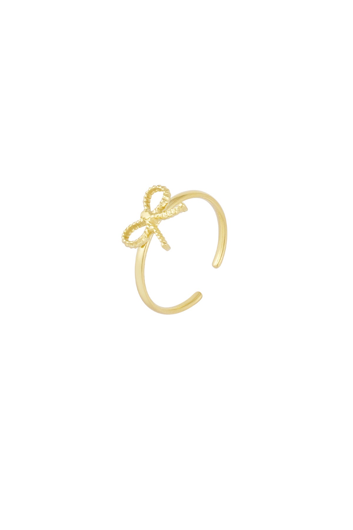 Gold delicate bow adjustable ring with open band on white background