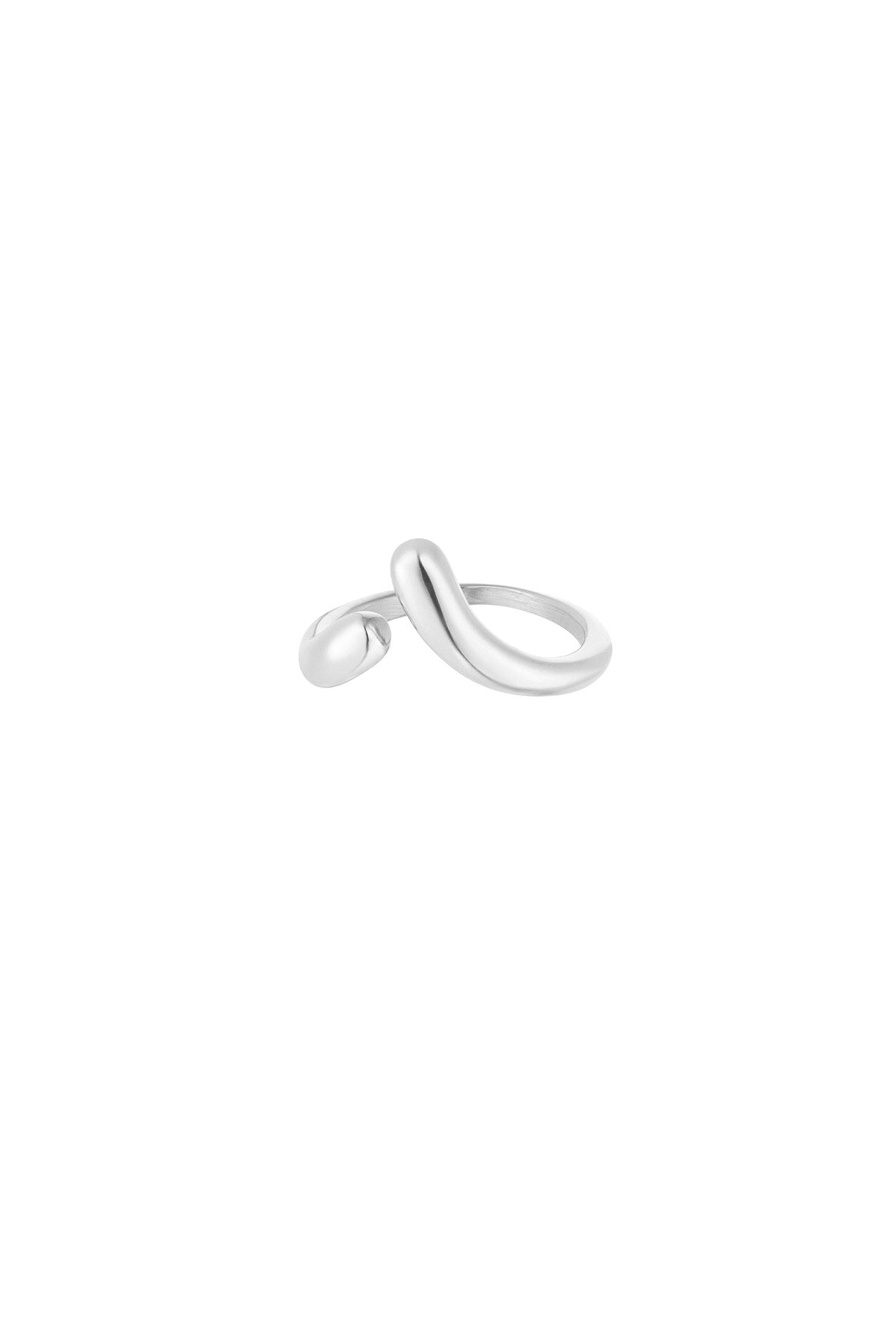 Silver stainless steel twist open band ring with smooth curved ends on a white background