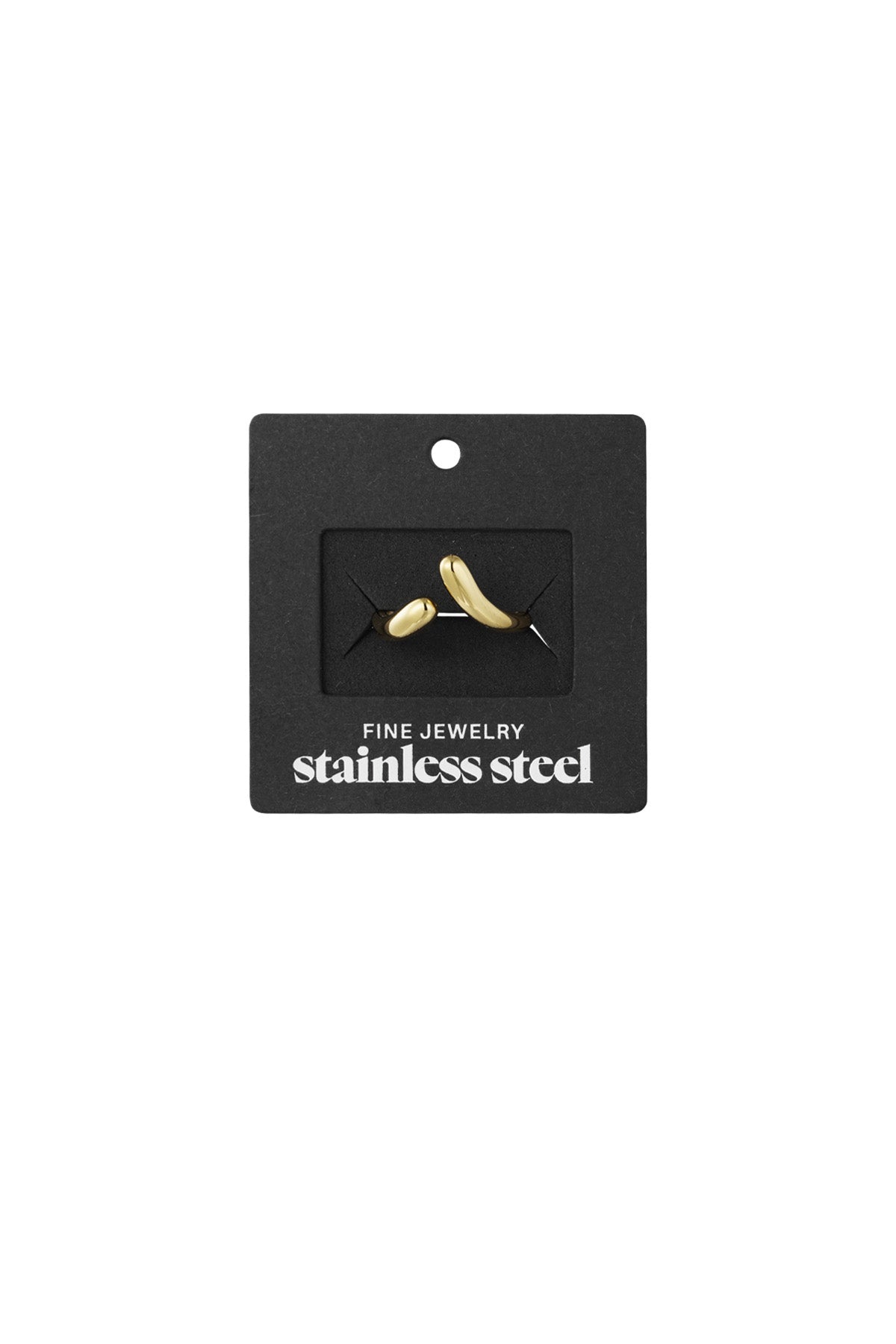 Gold twist open band ring displayed on black retail packaging labeled 'stainless steel fine jewelry'