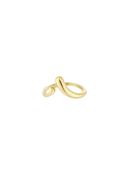 Gold stainless steel twist open band ring with smooth curved ends on a white background