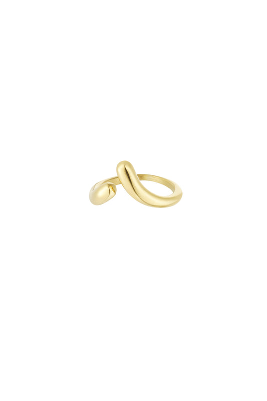 Gold stainless steel twist open band ring with smooth curved ends on a white background