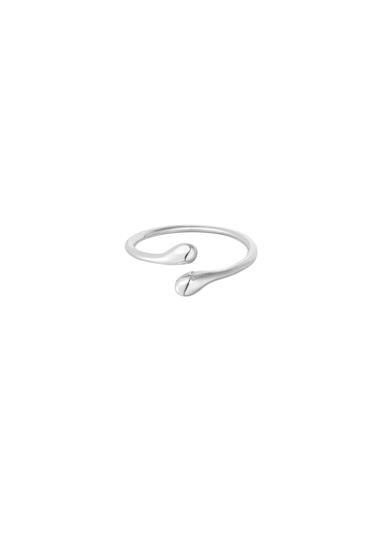 Close-up image of a silver open-end ring with smooth rounded tips on white background