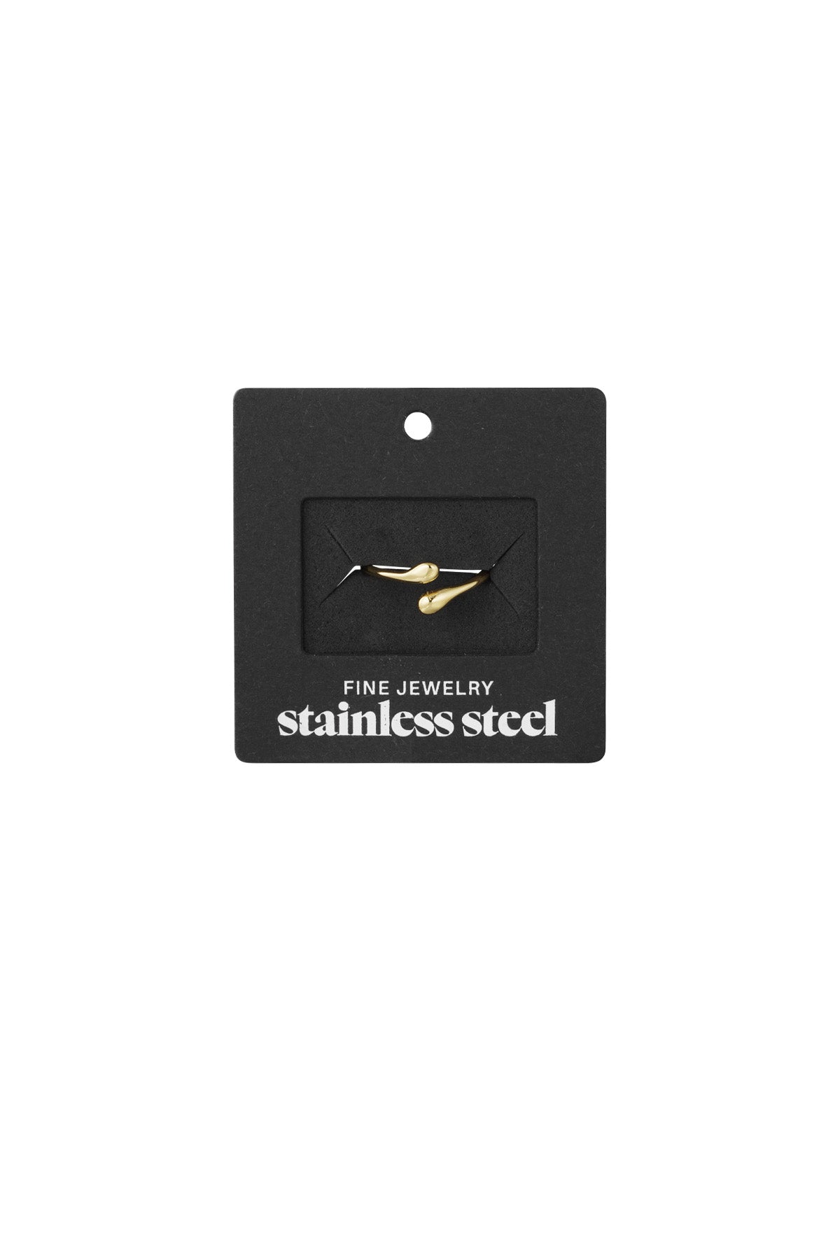Gold open-end ring displayed on a black card packaging labeled 'Stainless Steel Fine Jewelry'