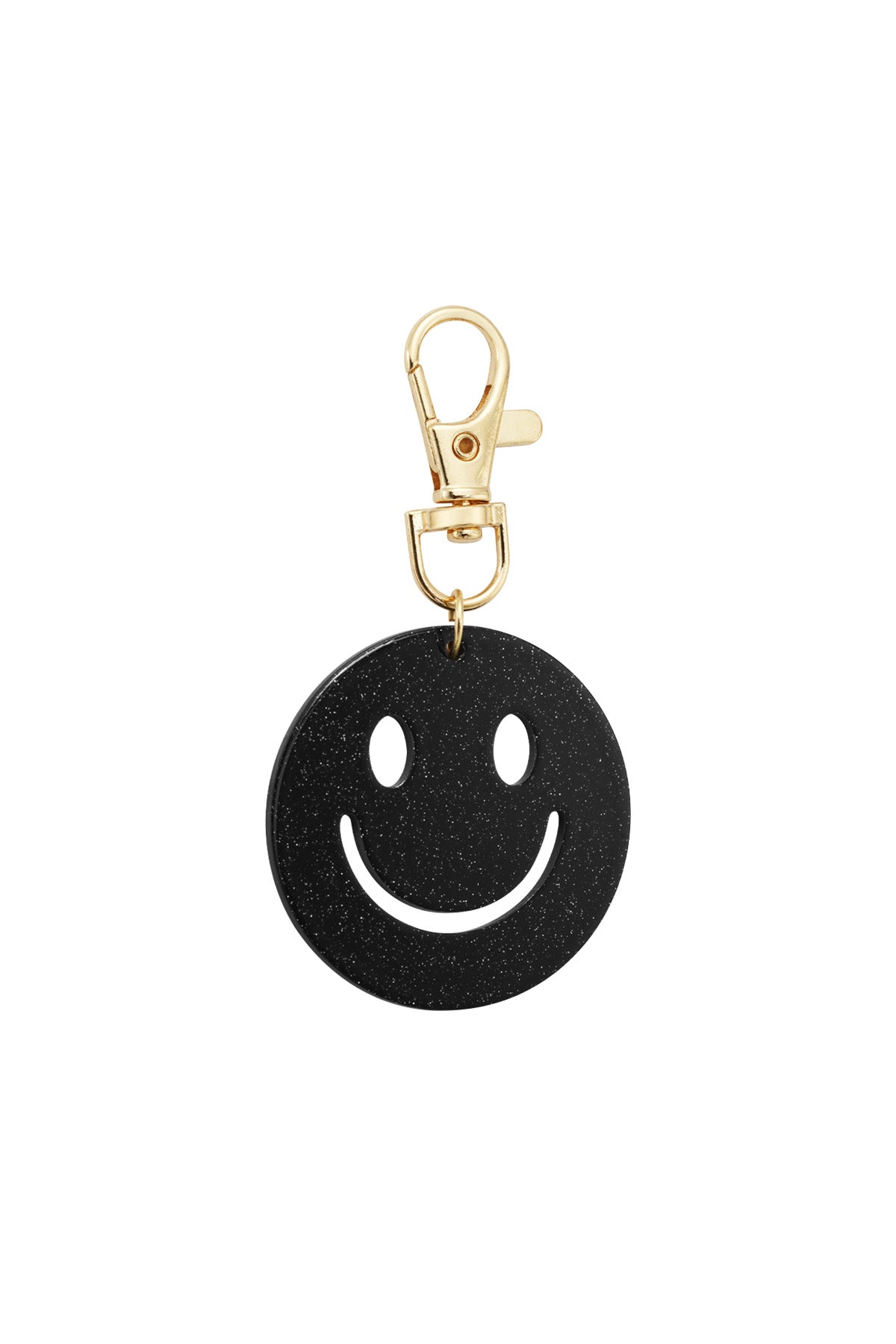 Yellow glitter smiley face keychain on white background