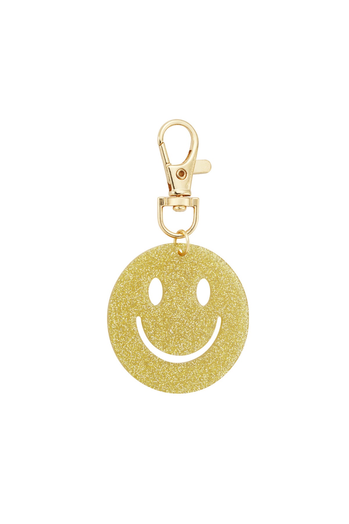 Brown glitter smiley face keychain on white background