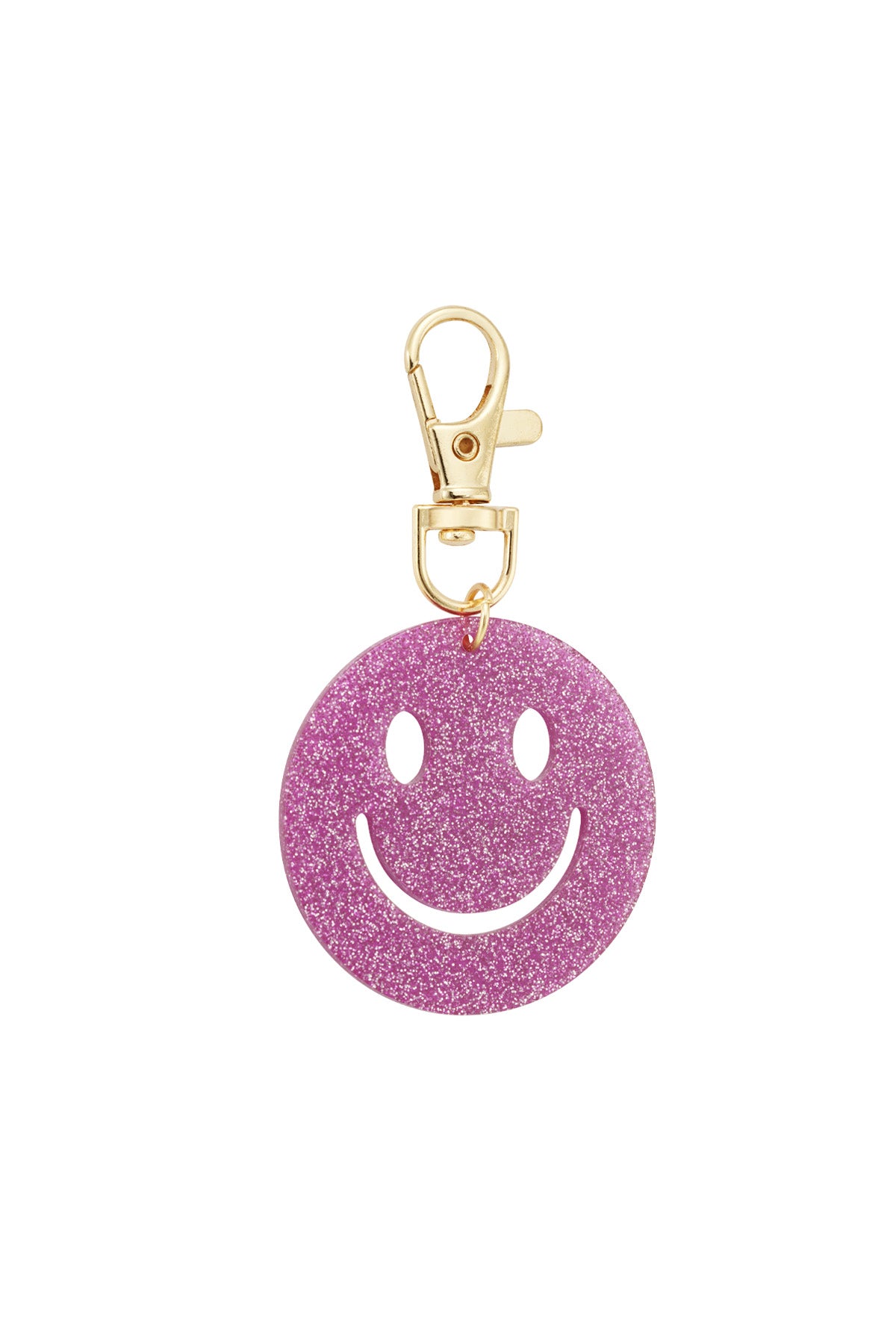 Dark purple glitter smiley face keychain against white background