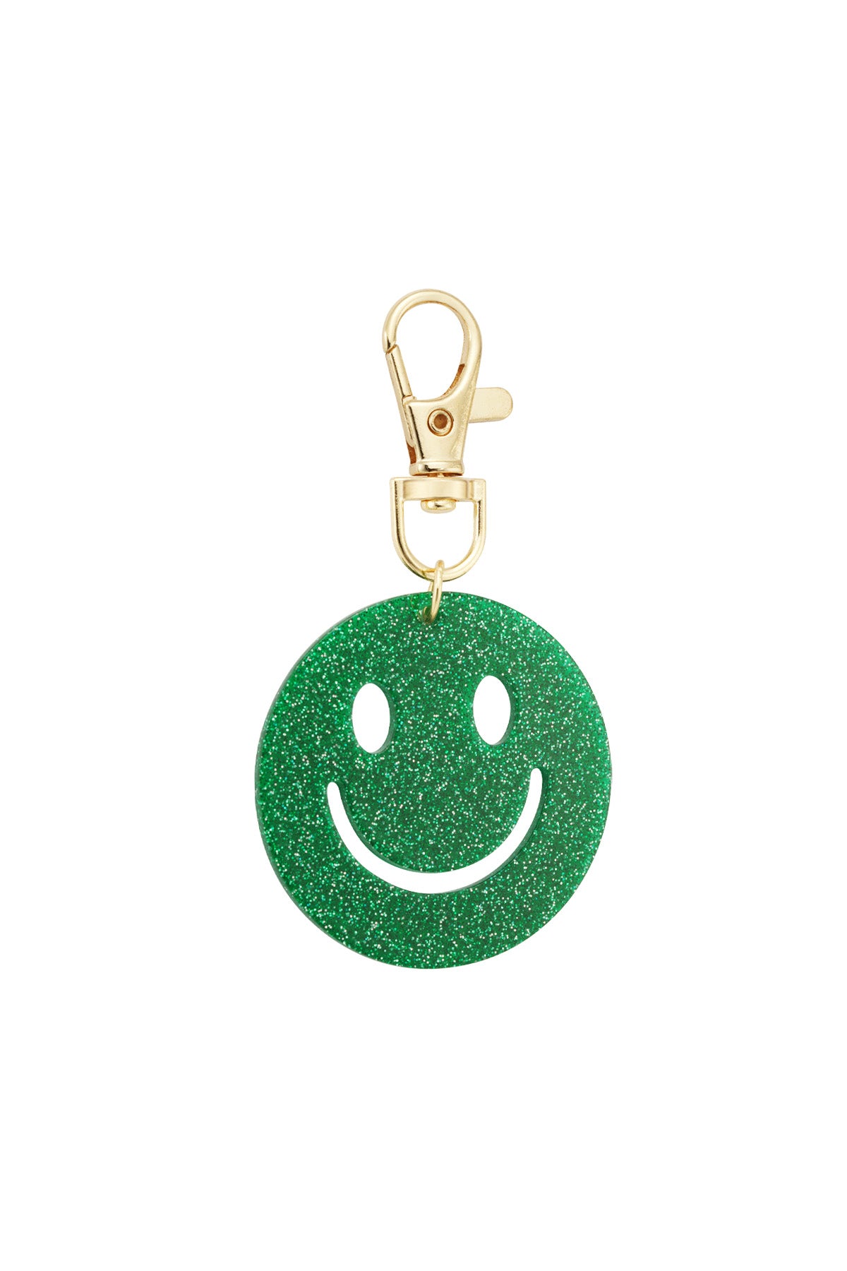 Black glitter smiley face keychain on white background