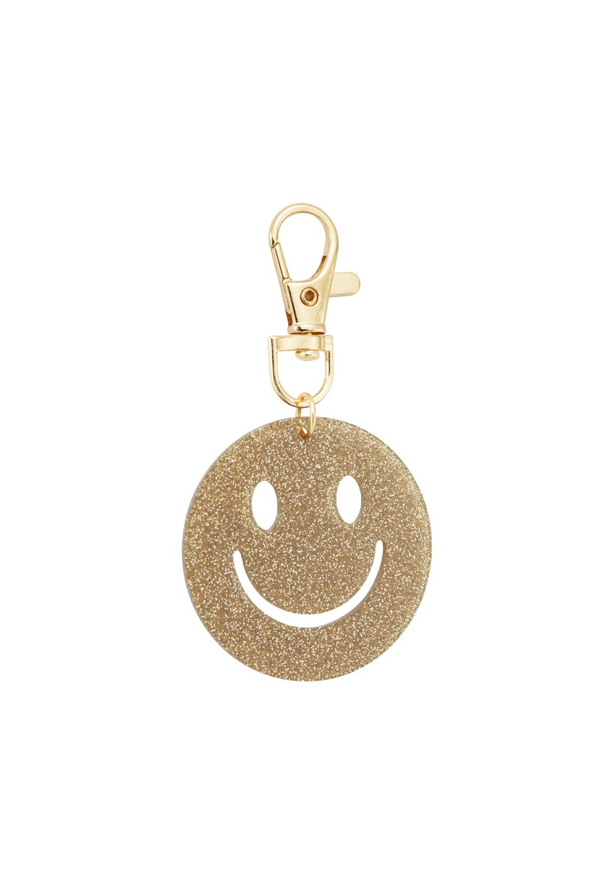 Gold glitter smiley face keychain shown on white background