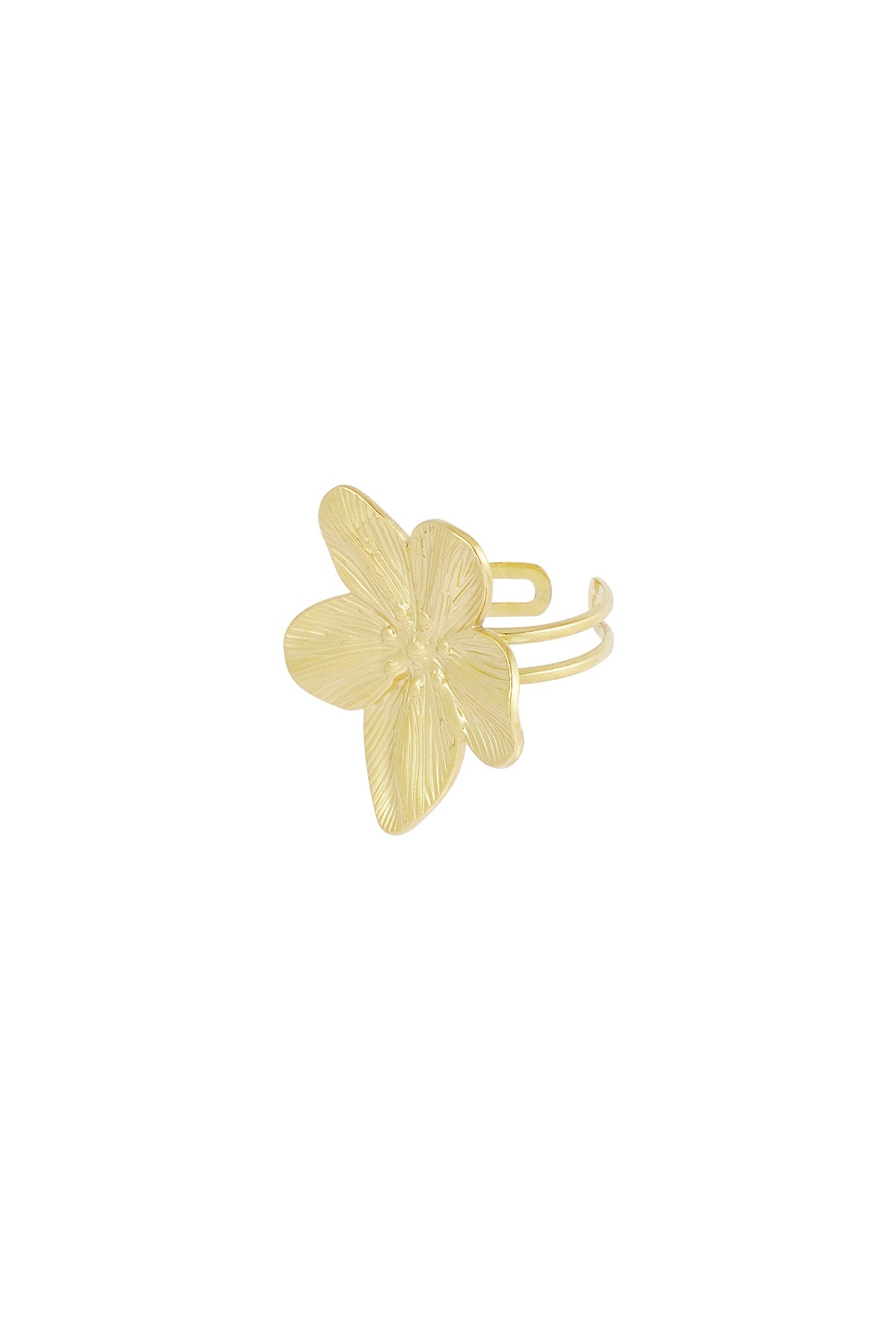Side view of adjustable gold flower statement ring showing double band design