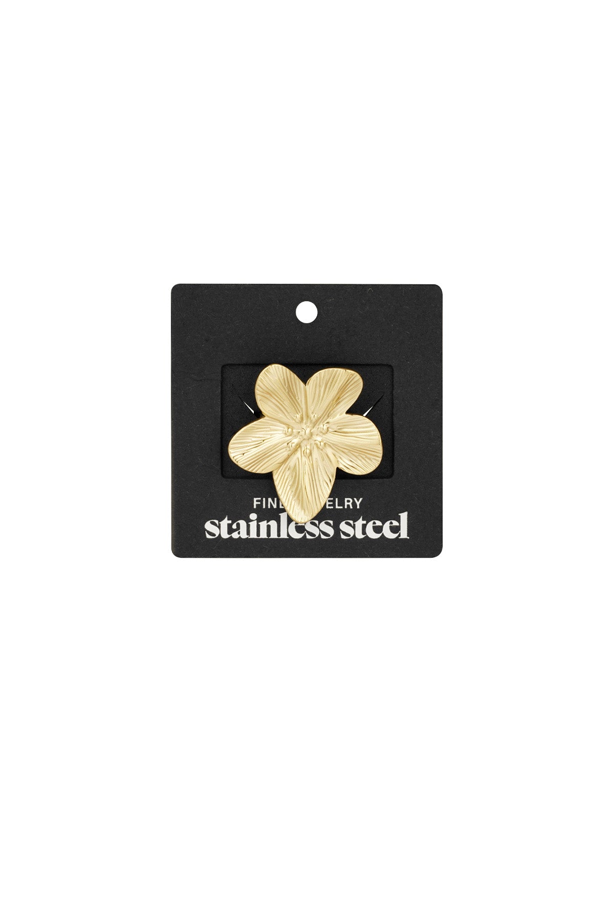 Gold flower statement ring displayed attached to black jewellery packaging labelled stainless steel