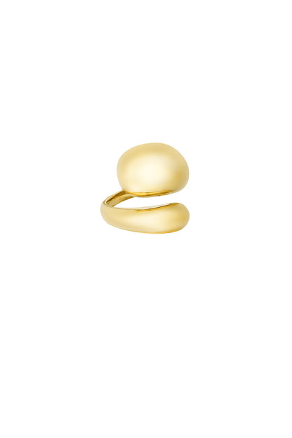 Top view of the smooth gold sculptural open-ended ring isolated on a white background